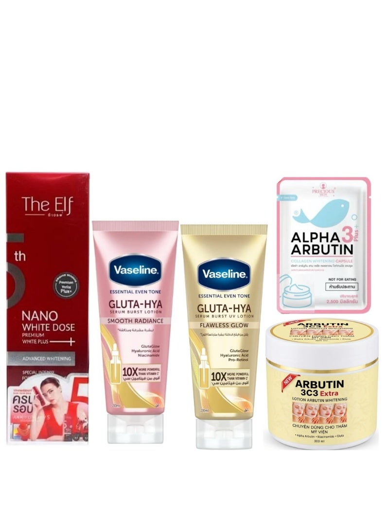 The Elf Whitening Set Nano White Dose Serum ,GLUTA-HYA Smooth Radiance & Flawless Glow & Alpha Arbutin Capsules and Abutine 3C3 Cream